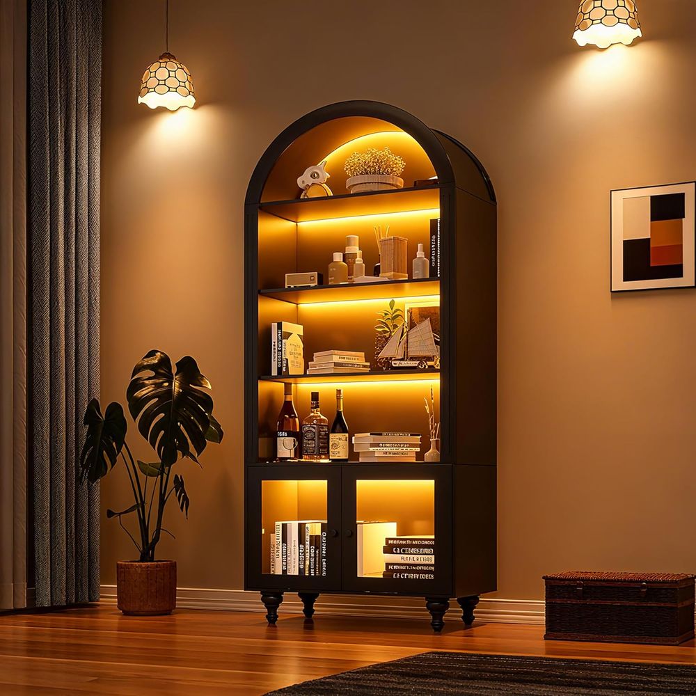 Glass Cabinet Display - Wooden Arched Display Storage Cabinet with